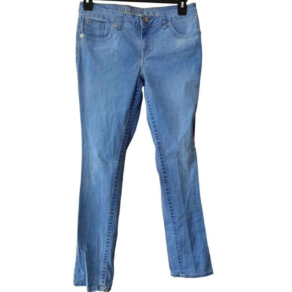 Justice Jeans Juniors 16.5 Simply Low Slim Fit Light Wash Denim Heart Blue Y2K
